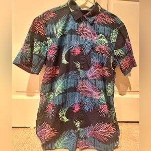 Hurley Navy Short-Sleeve Button-Down with Neon Palm Print